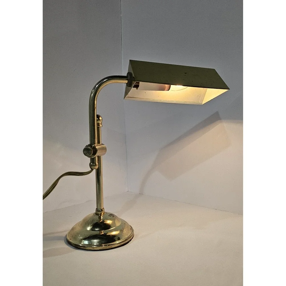 Vintage Brass Desk Lamp Adjustable Arm Rectangular Shade Mid Century - Working